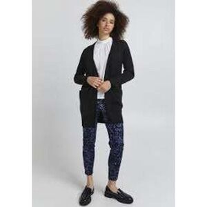 ICHI Womens Ribbed Knit Longline Cardigan Sweater Black Button Front Size Medium